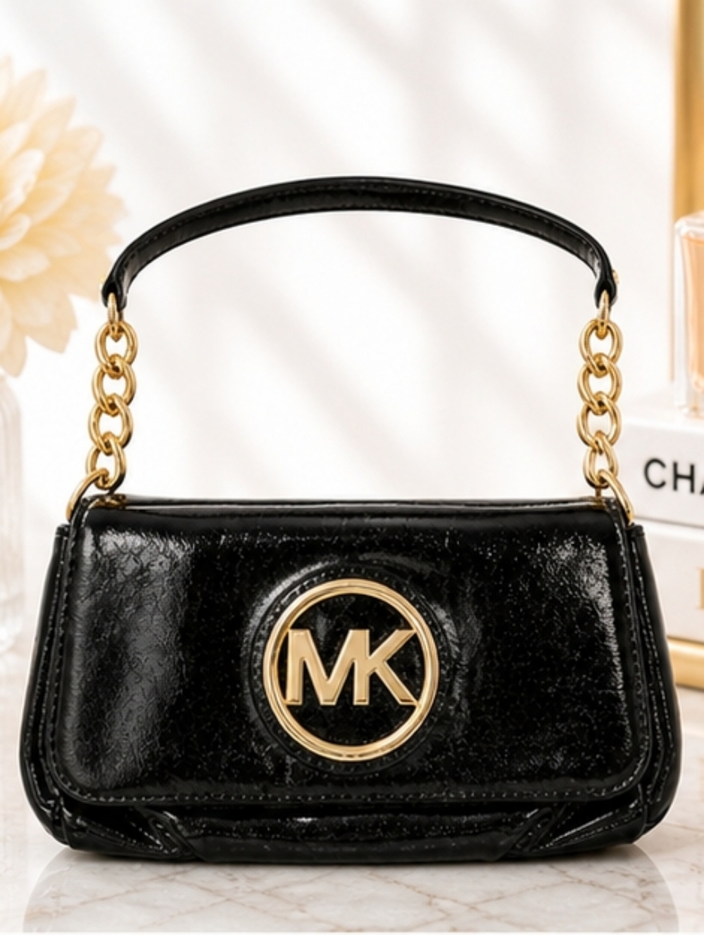Michael Kors Fulton Small Patent Leather Shoulder Bag | Black & Gold MK Logo